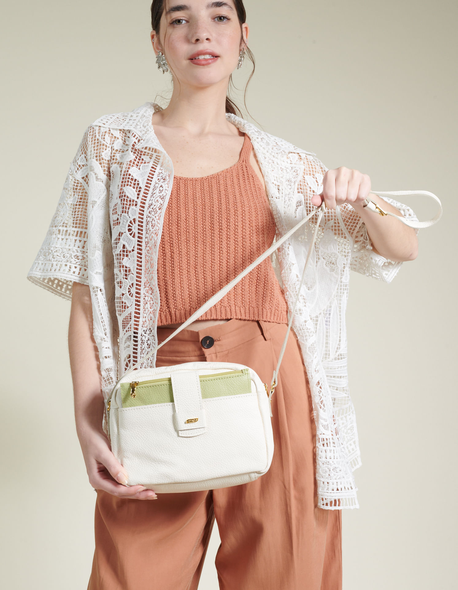 Bolsa Média Couro Com Necessaire - Off White