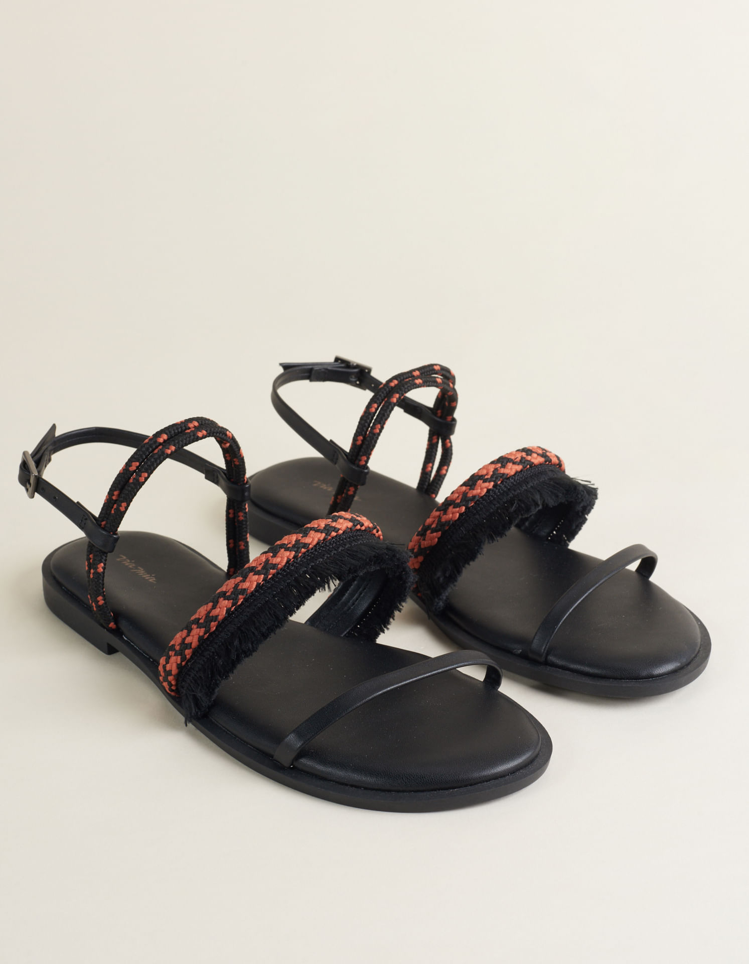 Rasteira Tiras Mix De Materiais - Preto