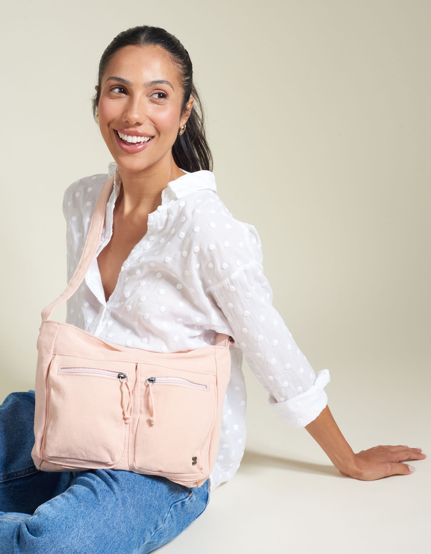 Bolsa Média Em Lona Com Bolsos Frontais - Rose