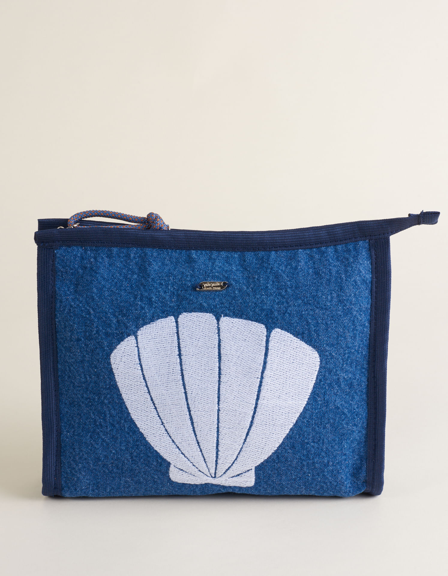 Necessaire Jeans Bordado Mar - Jeans Escuro