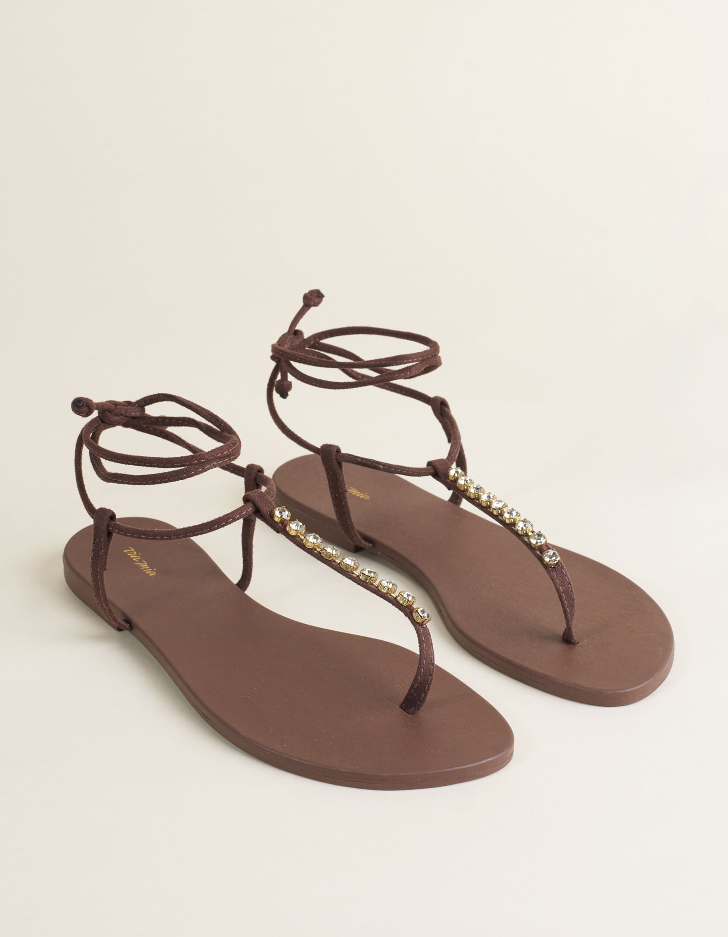 Rasteira Em Suede Com Strass - Cafe
