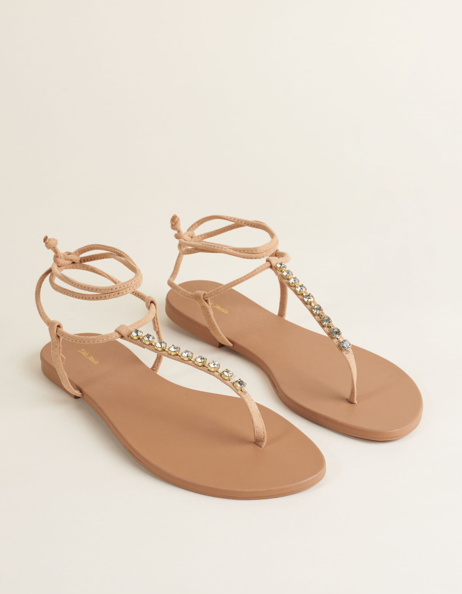 Rasteira Em Suede Com Strass - Areia