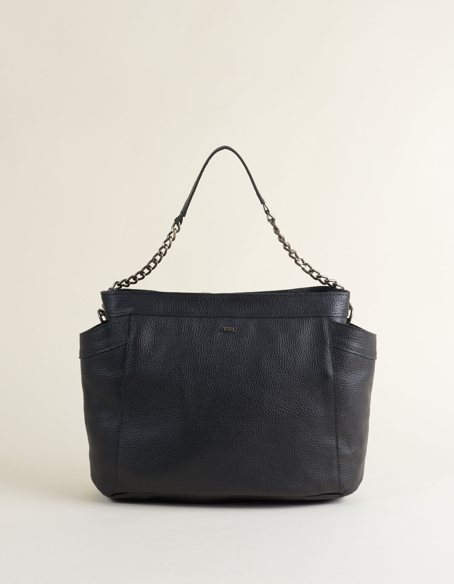Bolsa Média Couro Com Corrente - Preto