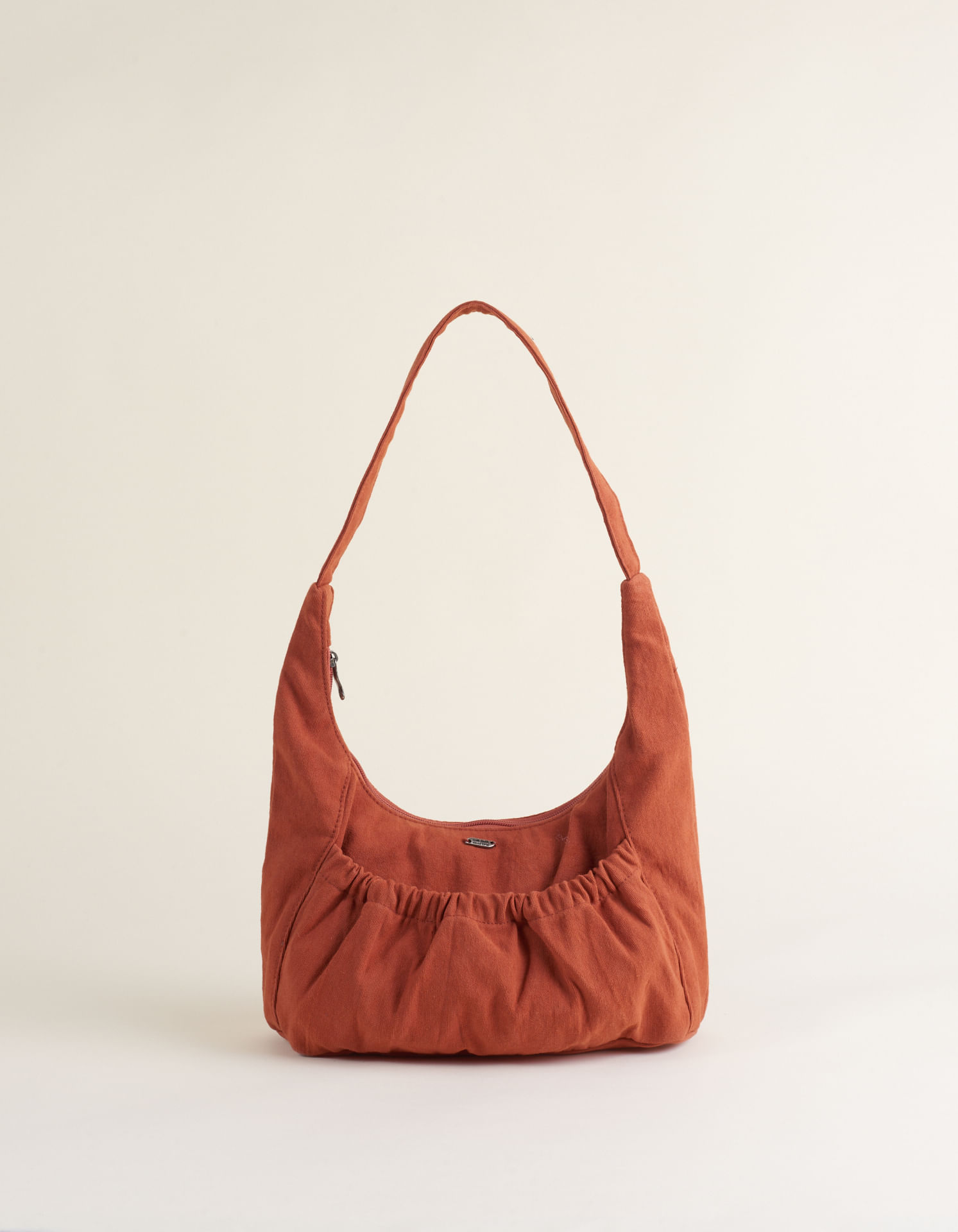 Bolsa Baguete Em Lona Com Bolso Franzido - Camel