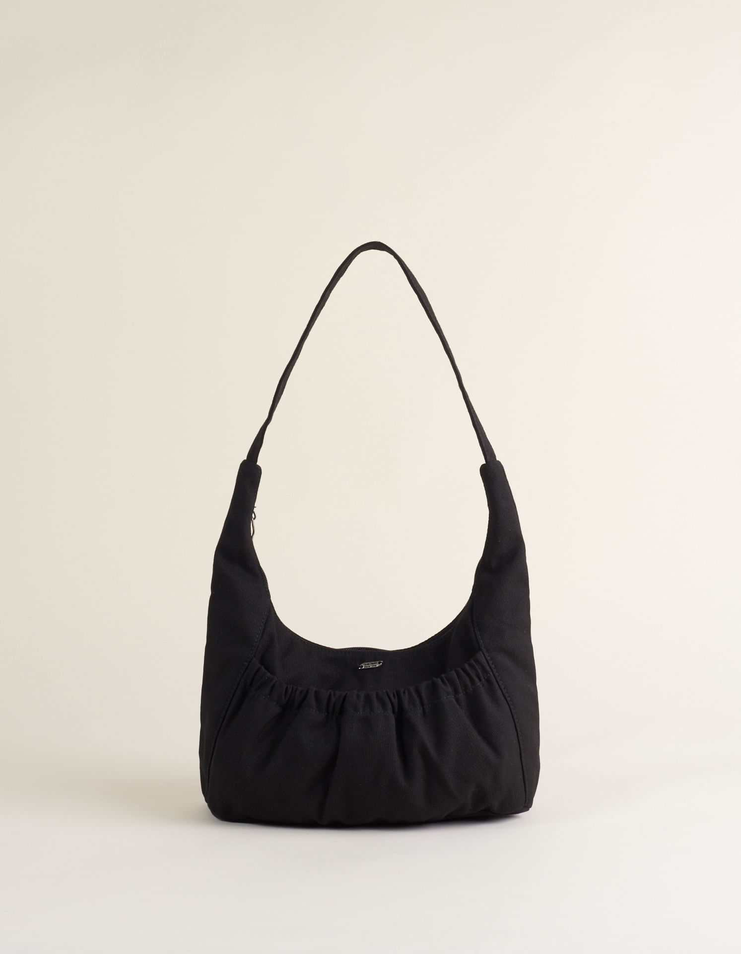 Bolsa Baguete Em Lona Com Bolso Franzido - Preto