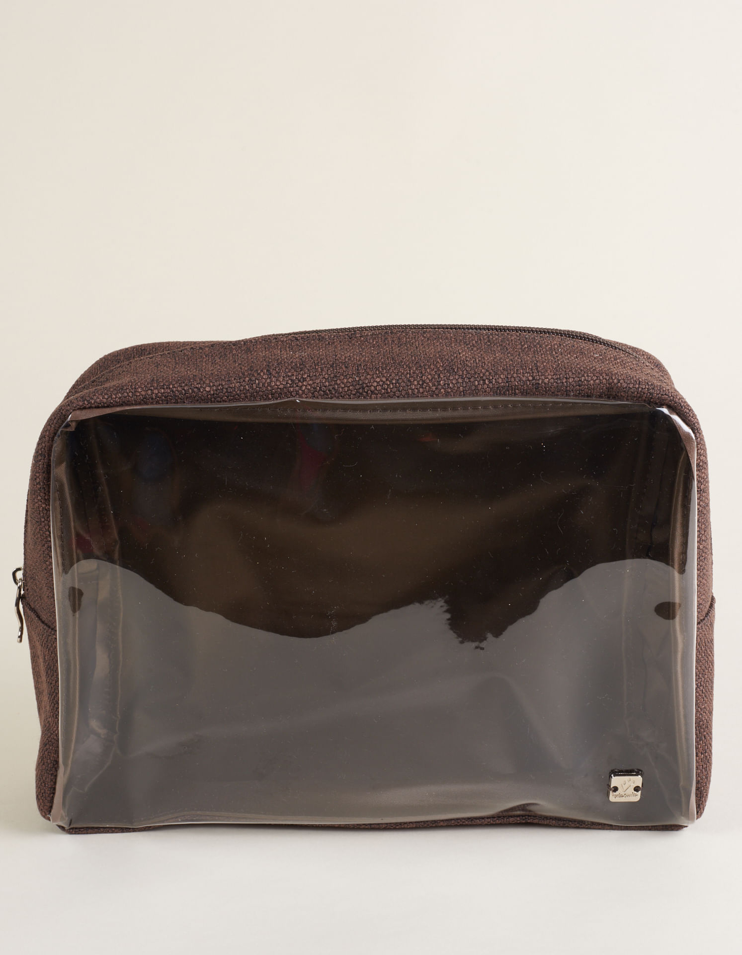 Necessaire Com Frente Em Pvc E Tecido Em Trama - Cafe