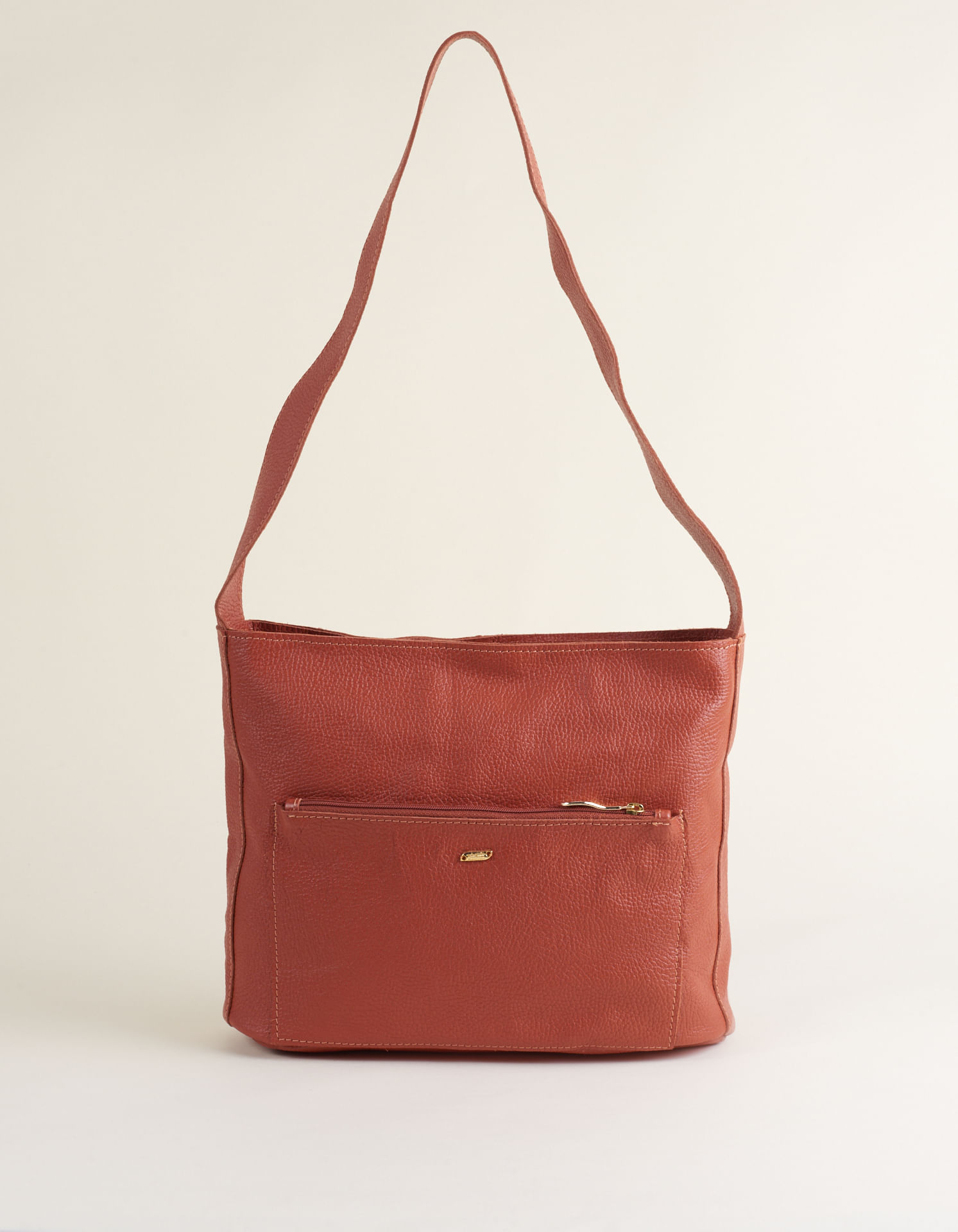 Bolsa Média Em Couro Com Bolso Frontal - Camel