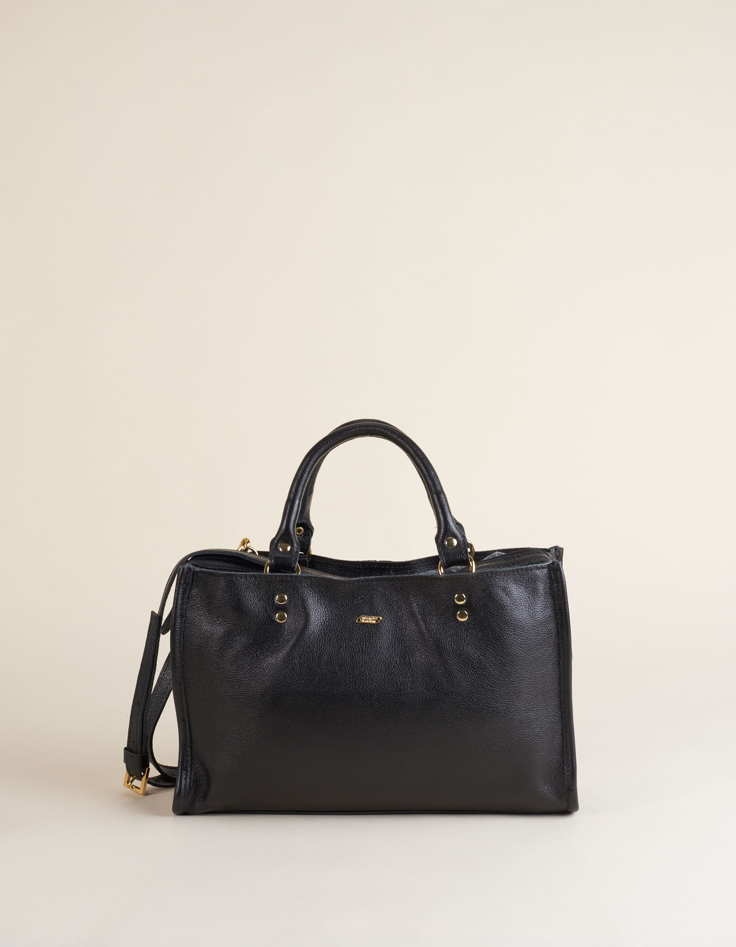 Bolsa Média Couro Retangular E Com Três Divisórias - Preto