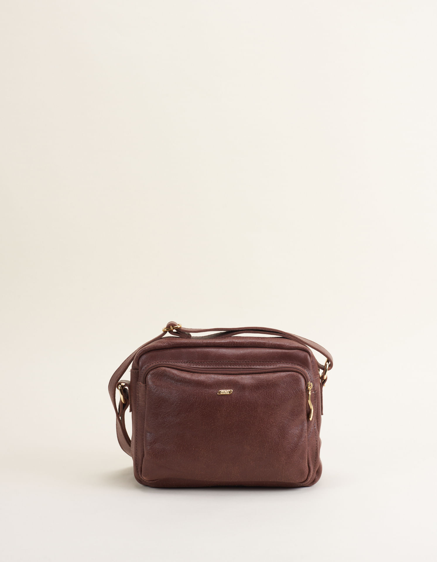 Bolsa Média Em Couro Craquelado E Bolso Frontal - Cafe